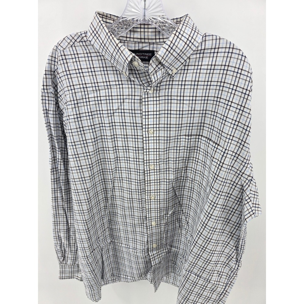 Roundtree & Yorke Mens XL Plaid Button Down Shirt Blue Brown Cotton Long Sleeve